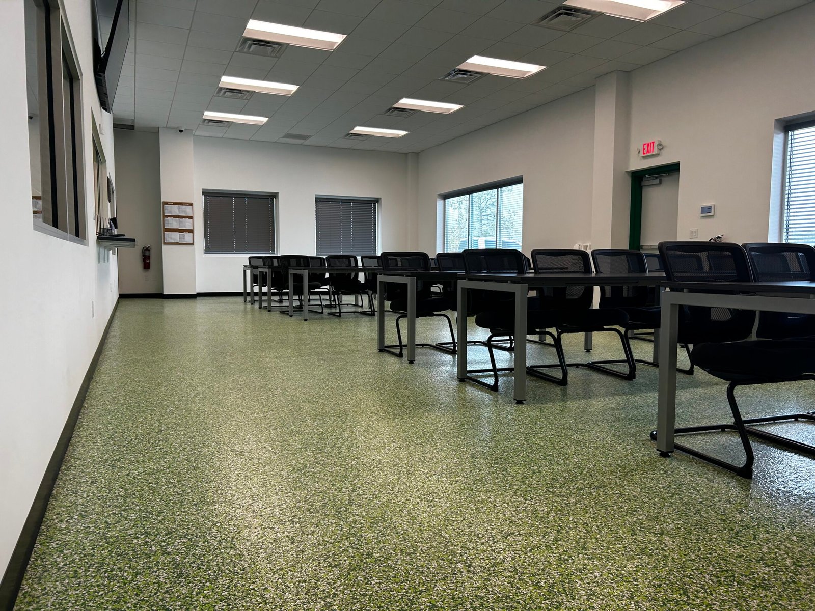 Clean office training room ready for a presentation